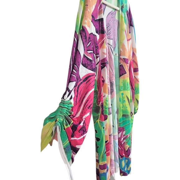 Chico's Knit Tropical Long Duster Cover-up Size XL (Chico's 3) Ruched Sleeve - Picture 4 of 10